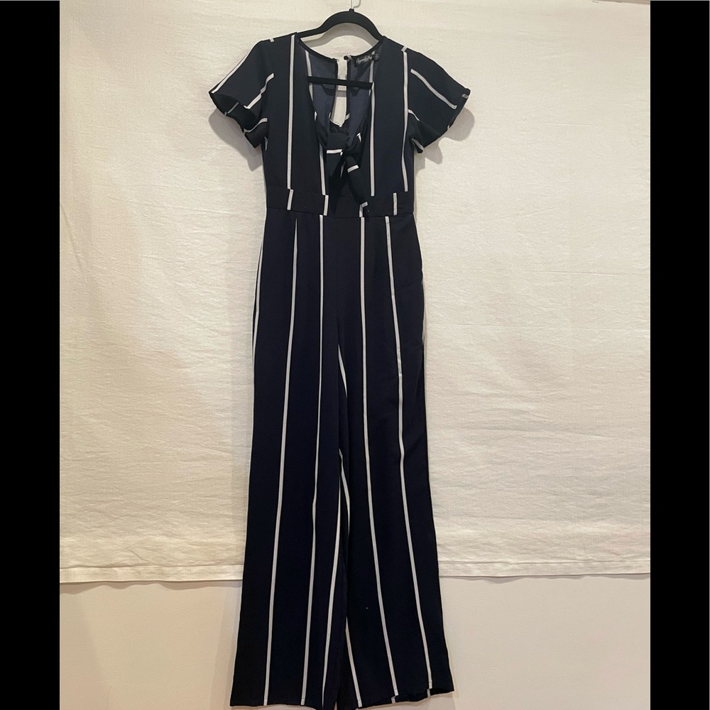 Navy and white striped wide flare leg jumpsuit with sleeves